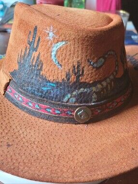 Hand-Painted Brown Suede Western Hat with Desert Motif